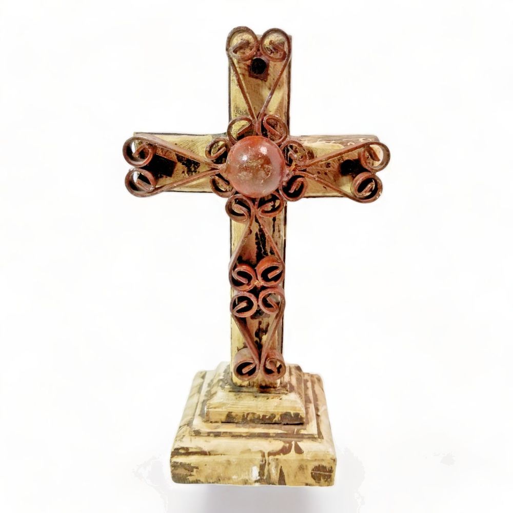 Cross 10.5" Tall Distressed Repurposed Wood Metal White Brown Christian Jesus